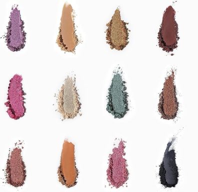 Swatches of various eye shadow shades arranged in a grid pattern.